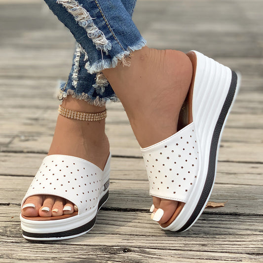 Star-Perforated Platform Slide Sandals – Comfy Summer Wedges in Black or White