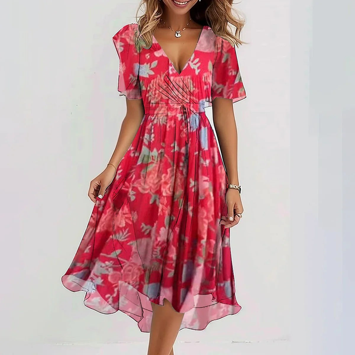 Chiffon Wrap Midi Dress with Flutter Sleeves – Available in Various Colours