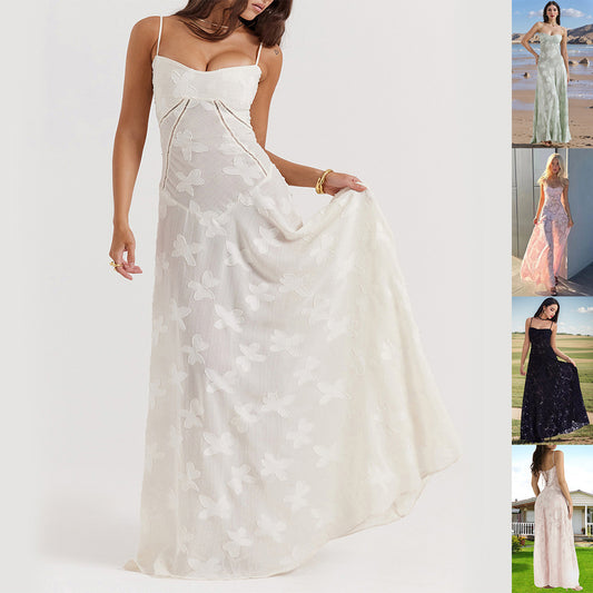 Women’s Elegant Butterfly Lace Maxi Dress – Sleeveless Spaghetti Strap Long Dress – Summer Beach Evening Party Dress – Various Colours