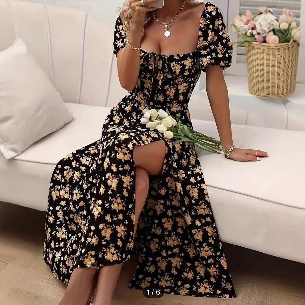 🌼 Floral Puff Sleeve Split Maxi Dress – Romantic Boho Vibes in Various Colours