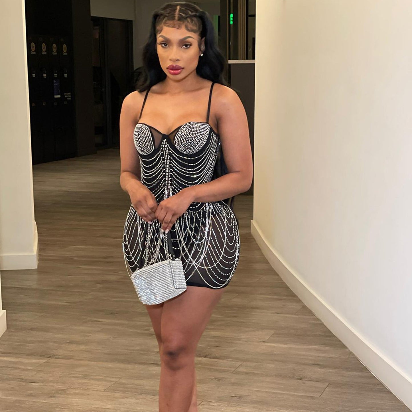 Crystal Rhinestone Mesh Corset Mini Dress – Nude | Bodycon Sparkle Party Dress with Cups