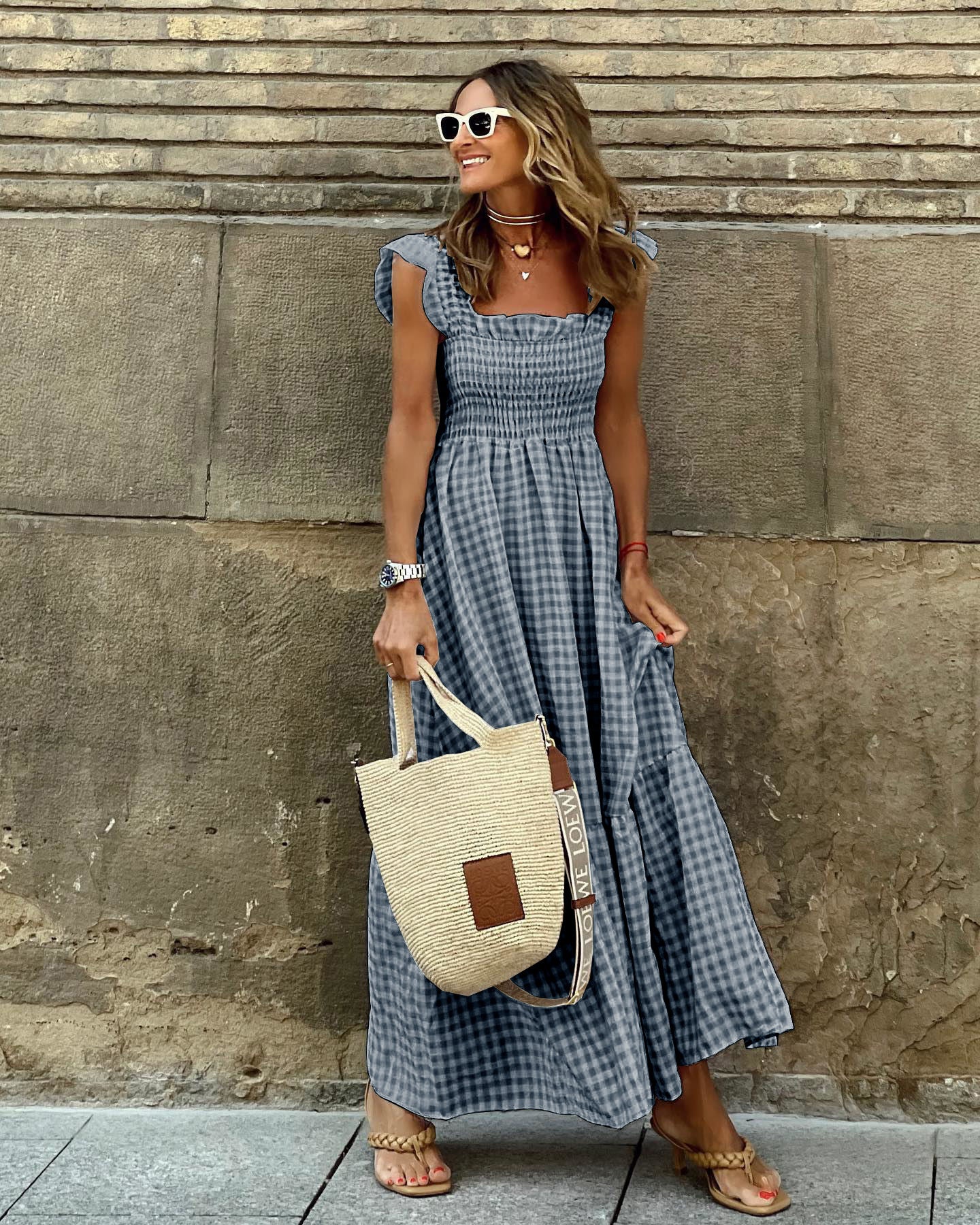 Gingham Shirred Maxi Dress with Ruffle Sleeves – Lightweight Summer Style in Various Colours