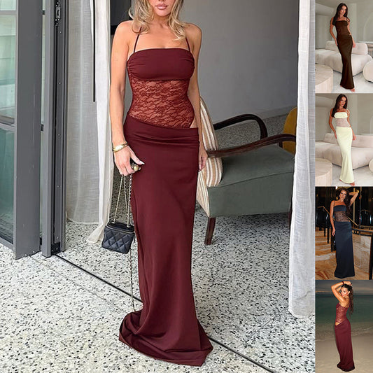 Elegant Lace Panel Maxi Dress – Strapless Bodycon Evening Dress – Various Colours