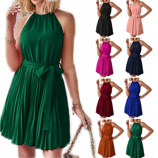 🛍️ TrendPrints Women's Pleated Halter Neck Dress – Elegant Summer Mini Dress with Belt – Available in Various Colours