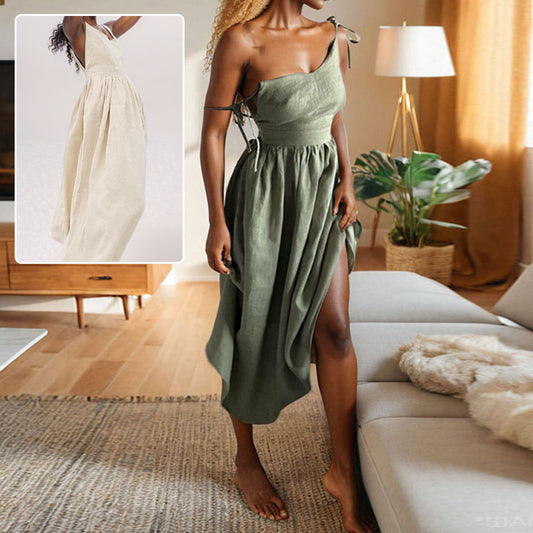 🌿 Linen-Look Tie Strap Midi Dress – Relaxed Elegance for Every Summer Occasion