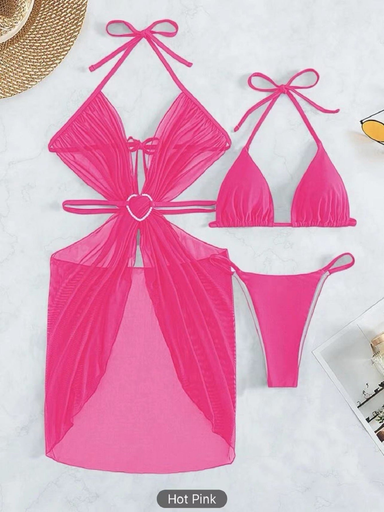 🖤 Three Piece-Glam Heart Sheer Cover-Up Swimsuit Set – Various Colours 💙💖