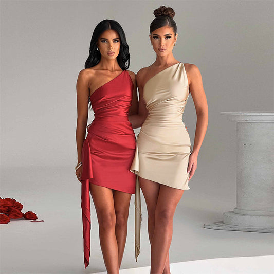 Satin One-Shoulder Draped Mini Dress – Various Colours