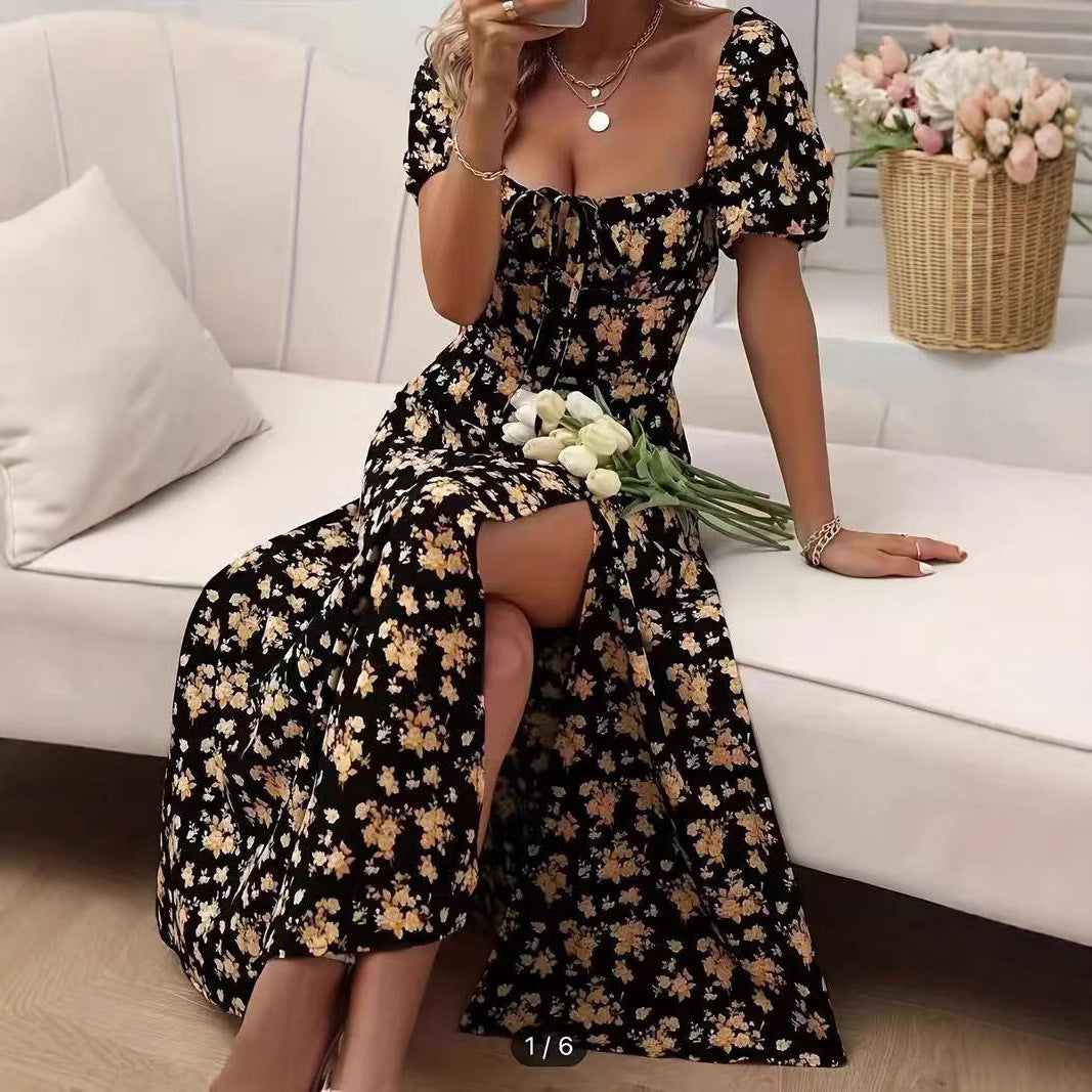🌼 Floral Puff Sleeve Split Maxi Dress – Romantic Boho Vibes in Various Colours