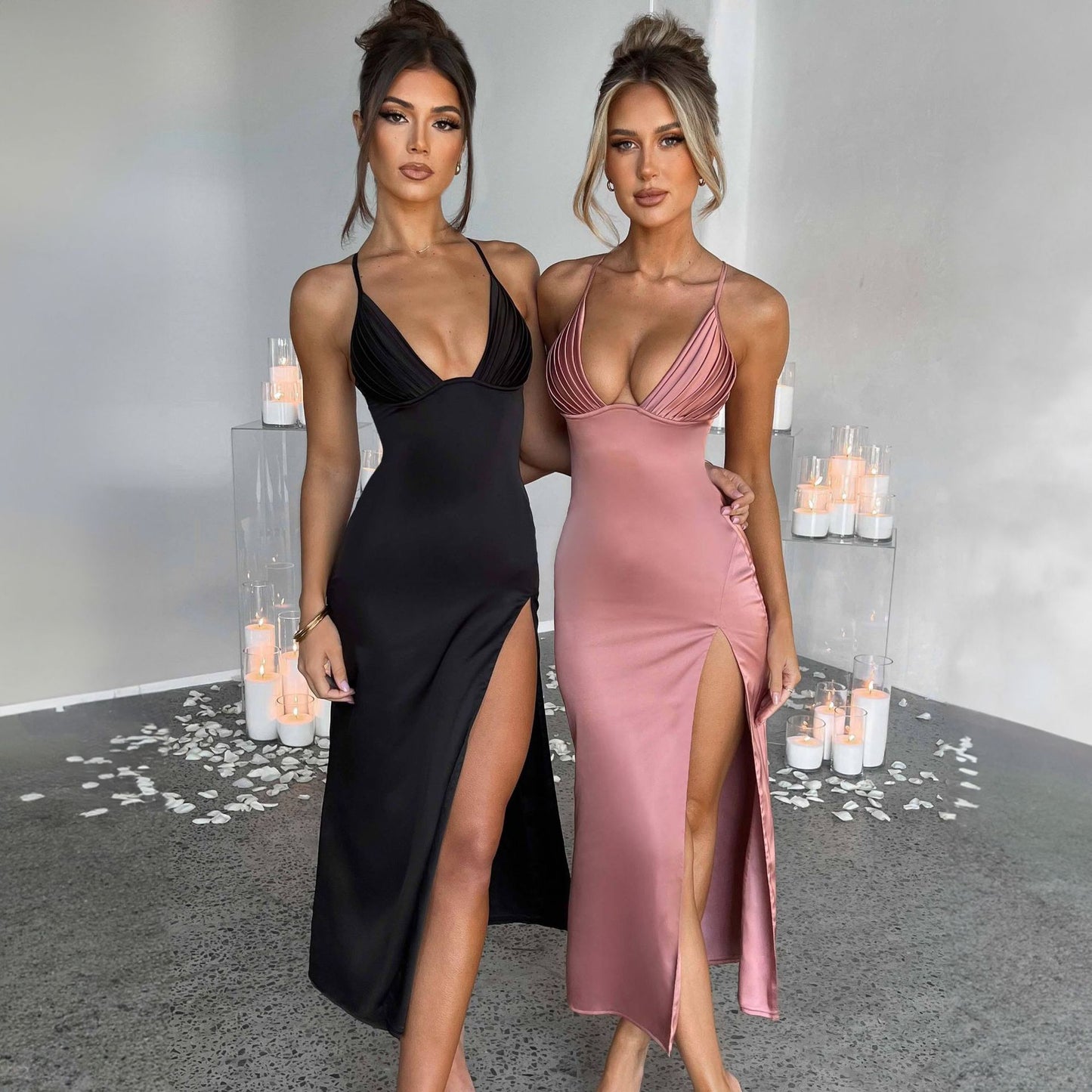 Glamorous Deep V Neck Satin Maxi Dress – Spaghetti Strap Evening Gown – High Slit Party Dress – Various Colours