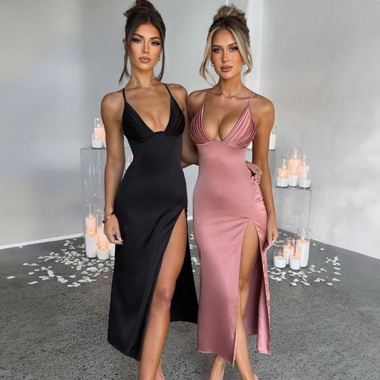 Glamorous Deep V Neck Satin Maxi Dress – Spaghetti Strap Evening Gown – High Slit Party Dress – Various Colours