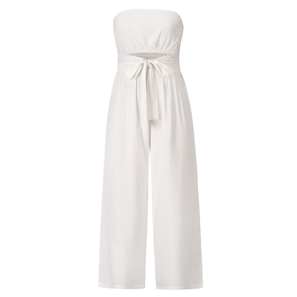 Strapless Wide-Leg Jumpsuit with Waist Tie – Various Colours | Summer Linen-Look Two-Piece Outfit