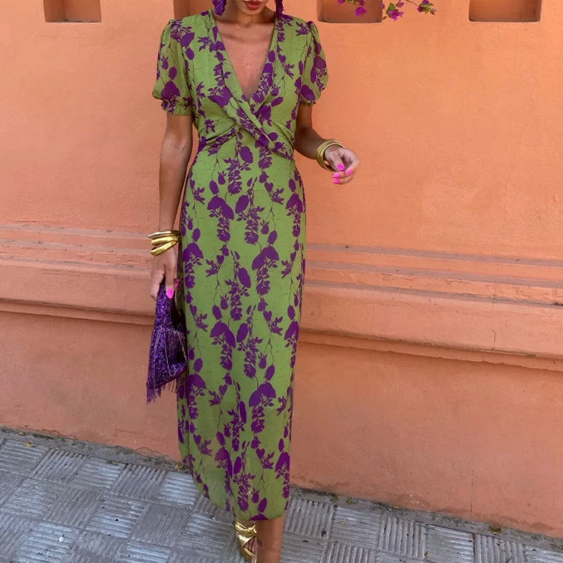 Elegant Floral Wrap Midi Dress – V-Neck Summer Style – Feminine & Flattering – Various Colours