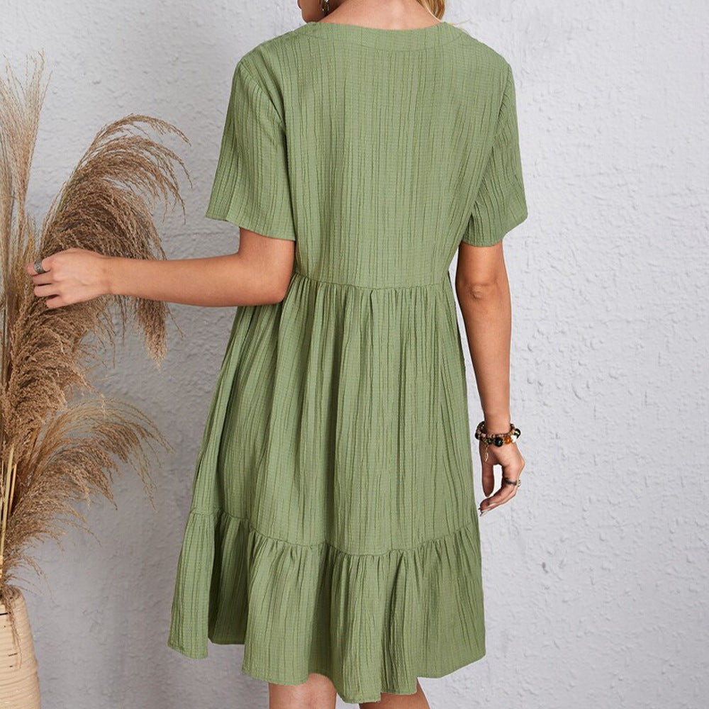 Women’s Casual Summer Boho Loose Tunic Dress – Short Sleeve V-Neck Ruffle Hem – Various Colours