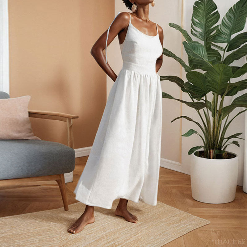 🌿 Linen-Look Tie Strap Midi Dress – Relaxed Elegance for Every Summer Occasion