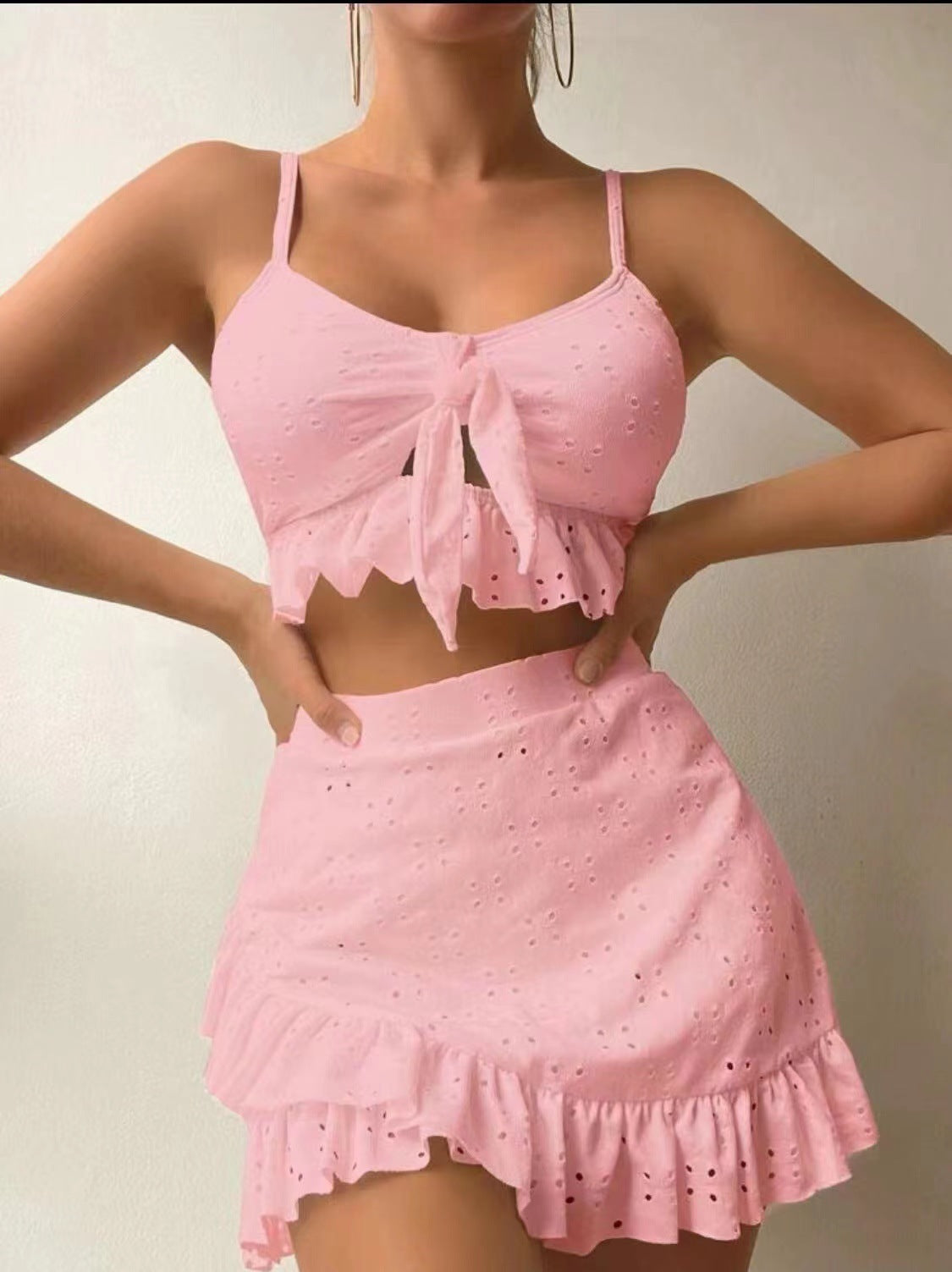 Women’s 3-Piece Summer Co-ord Set – Tie Front Crop Top, Ruffle Skirt & Cover-Up | Various Colours