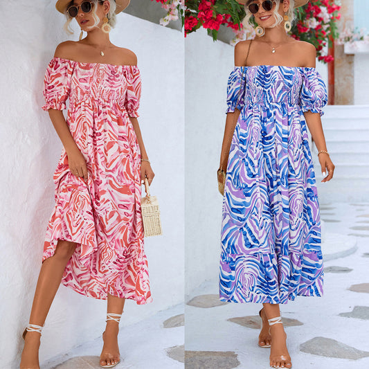 🌸 TrendPrints Off-Shoulder Boho Midi Dress – Smocked Summer Holiday Dress with Puff Sleeves – Available in Various Colours