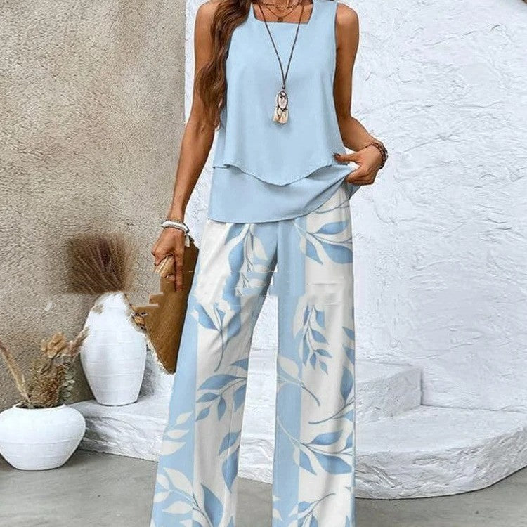2-Piece Summer Leaf Print Set – Sleeveless Top & Wide Leg Trousers (Various Colours)