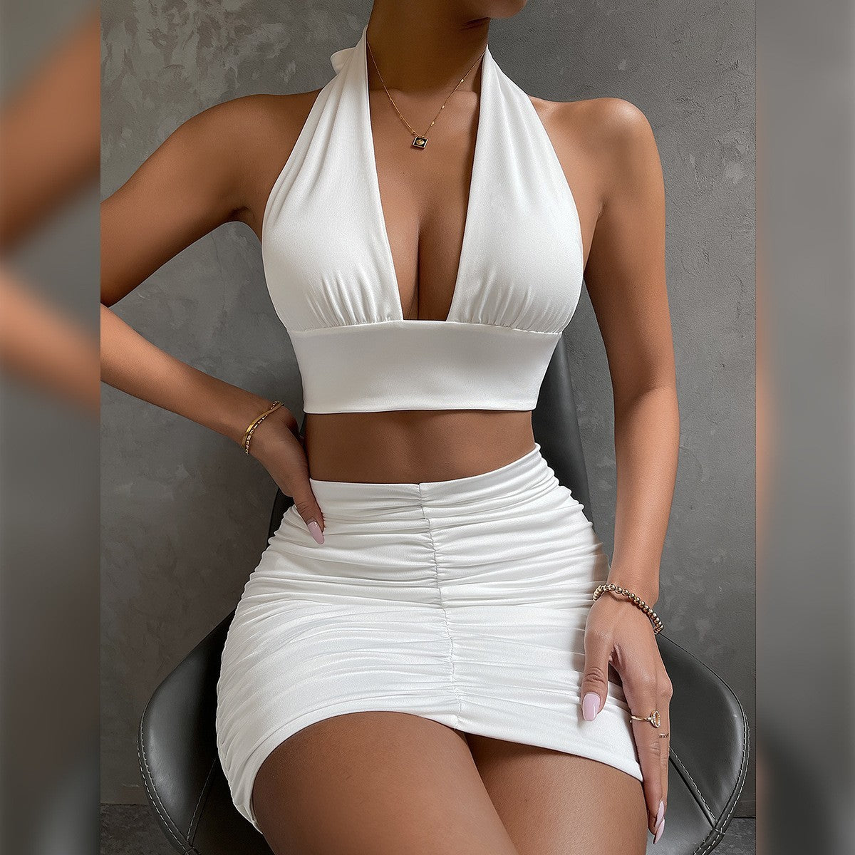 Sexy Halter Neck 2 Piece Mini Skirt Set – Ruched Bodycon Crop Top & Skirt Co-ord Outfit – Summer Party Set – Various Colours