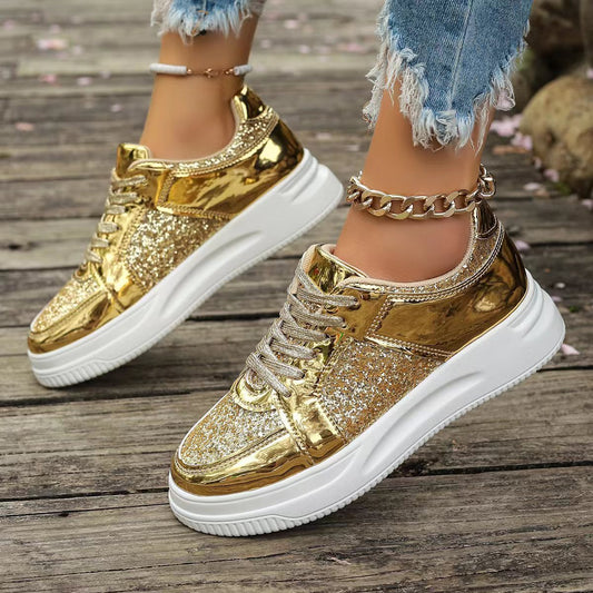 Women's Glitter Gold Platform Trainers – Shiny Lace-Up Sneakers with Chunky Sole for Everyday Glam Look