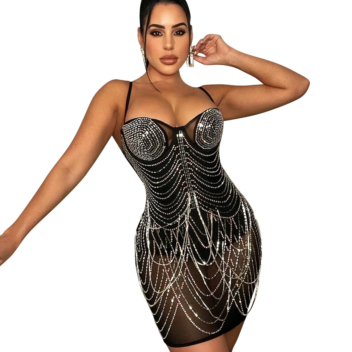 Crystal Rhinestone Mesh Corset Mini Dress – Nude | Bodycon Sparkle Party Dress with Cups