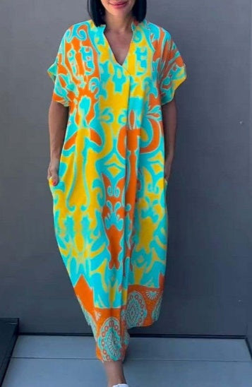 New Women's Short Sleeved Popular V-neck Simple And Fashionable Printed Casual Dress Loose Dress