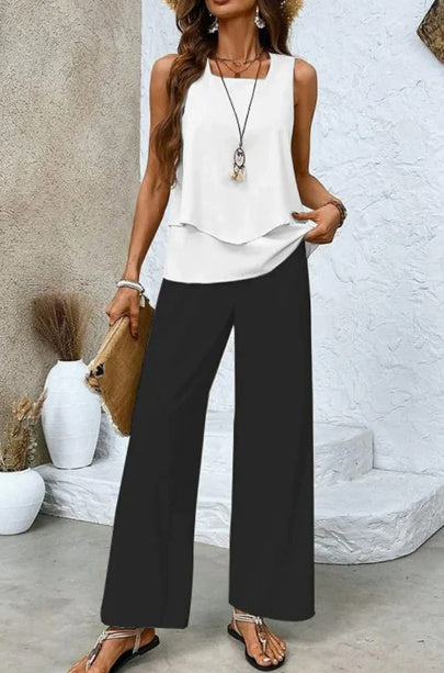 2-Piece Summer Leaf Print Set – Sleeveless Top & Wide Leg Trousers (Various Colours)