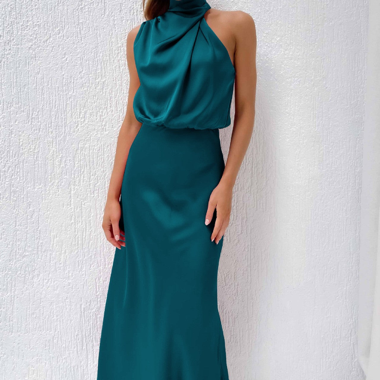 Women’s Elegant Satin High Neck Halter Evening Dress – Sleeveless Midi Dress – Party, Cocktail & Formal Wear – Various Colours