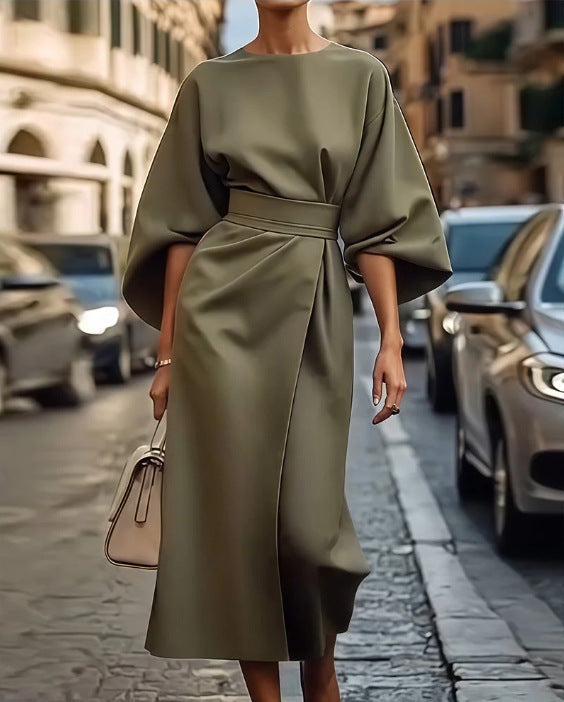 Elegant Kimono Sleeve Belted Midi Dress – Sophisticated Style – Various Colours