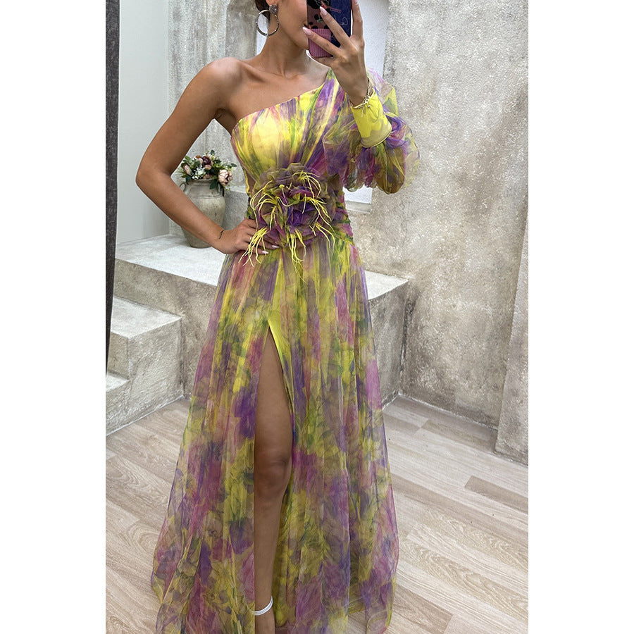 Luxury One-Shoulder Sheer Tulle Gown – Feather Waist Detail – Elegant High Slit Maxi Dress – Festival, Prom, Gala – Various Colours
