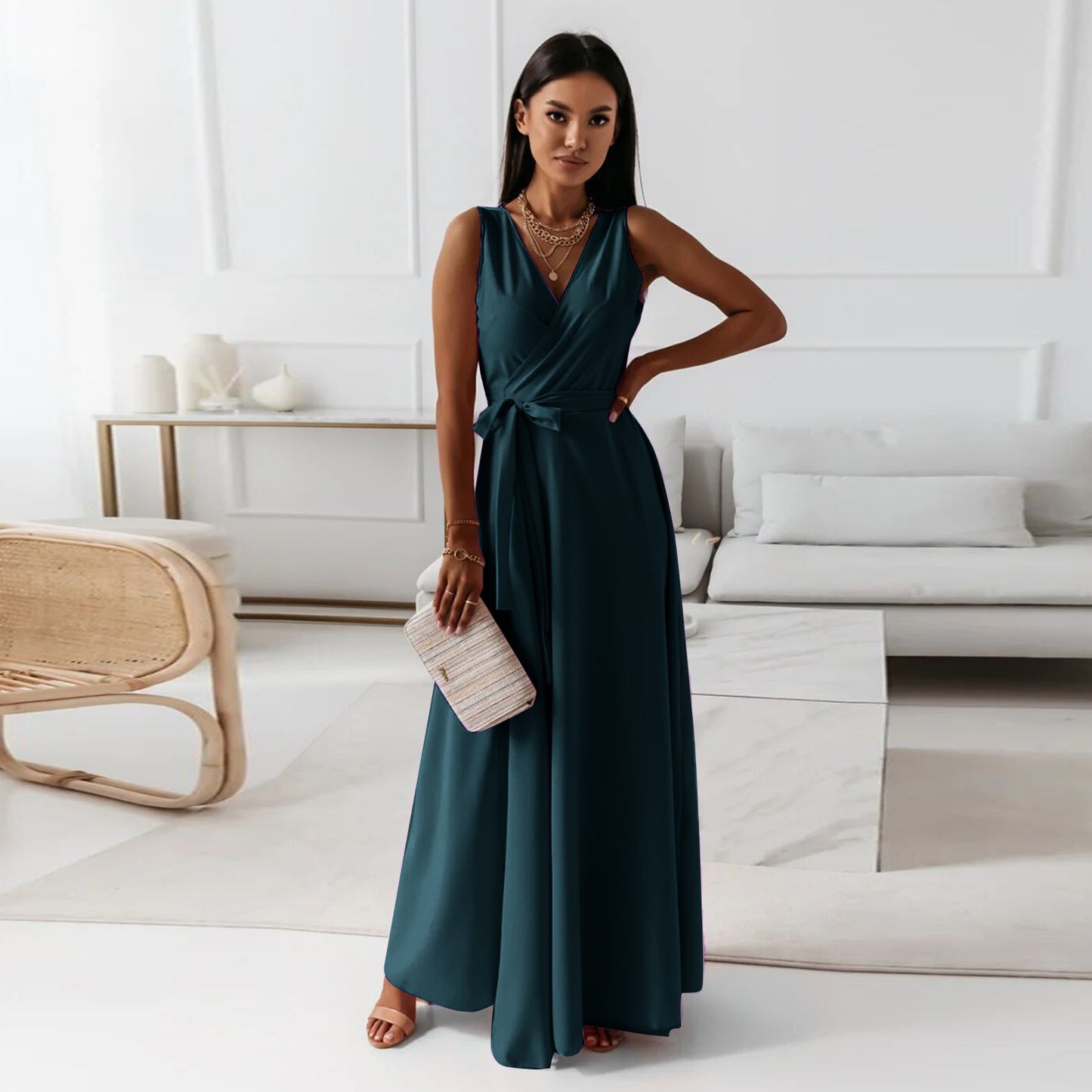 🌟 Elegant Sleeveless Wrap Maxi Dress with Belt – Evening, Wedding Guest & Party Dress – Flowy & Comfortable – Available in Various Colours