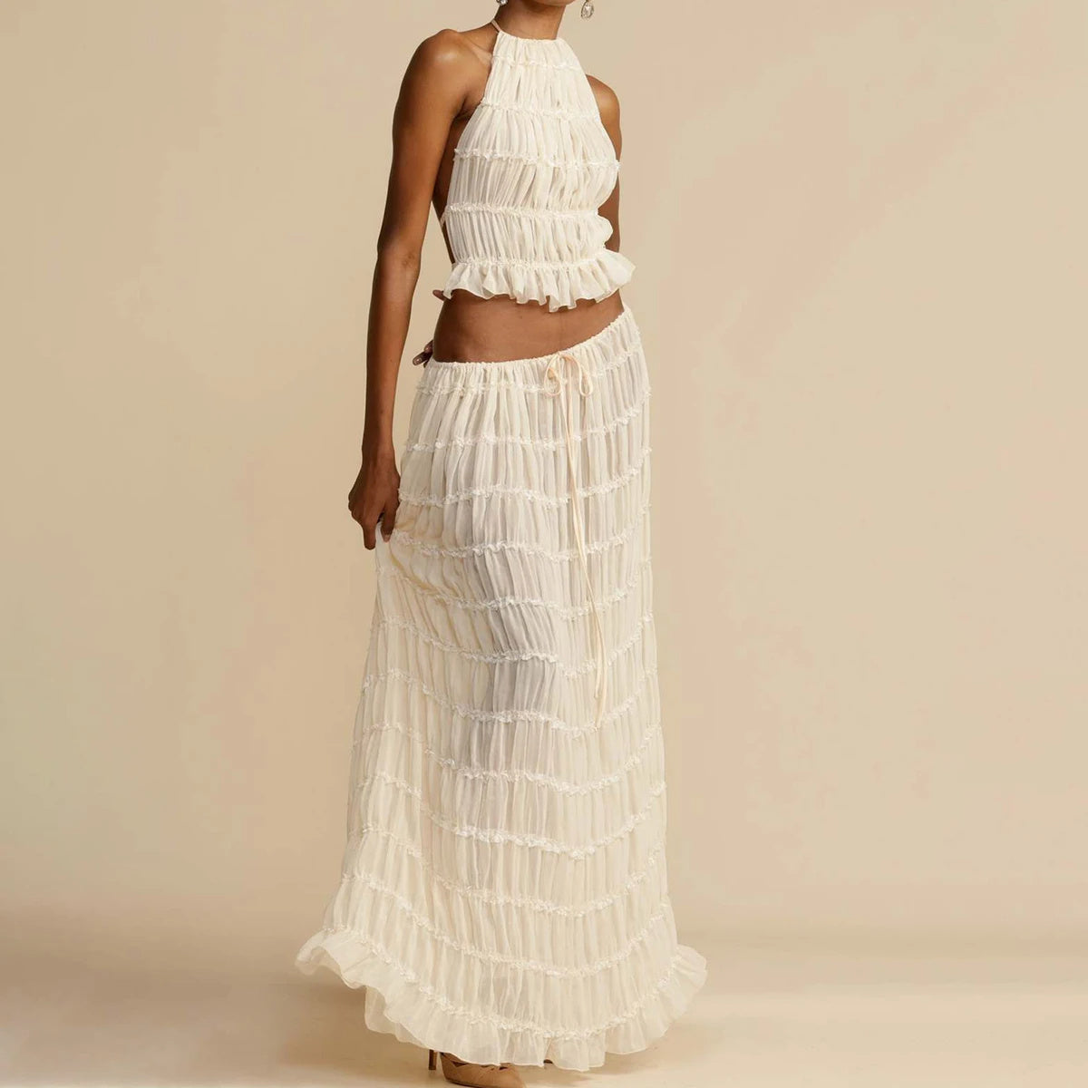 Boho 2 Piece Beach Set – Ruffle Halter Neck Crop Top & Maxi Skirt – Lightweight Summer Holiday Outfit – Various Colours