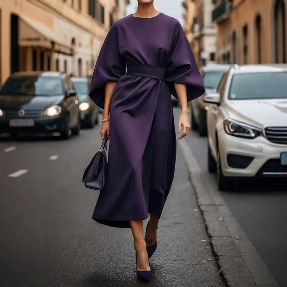Elegant Kimono Sleeve Belted Midi Dress – Sophisticated Style – Various Colours