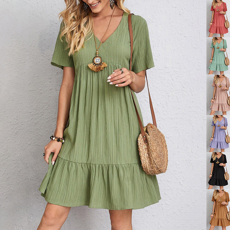 Women’s Casual Summer Boho Loose Tunic Dress – Short Sleeve V-Neck Ruffle Hem – Various Colours