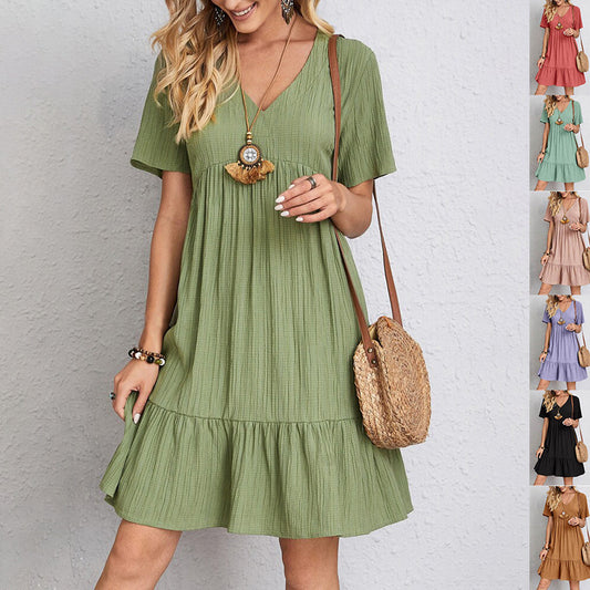 Women’s Casual Summer Boho Loose Tunic Dress – Short Sleeve V-Neck Ruffle Hem – Various Colours