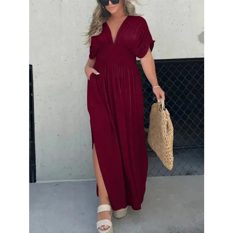 Boho V-Neck Maxi Dress with Pockets – Summer Flowy Style in Various Colours