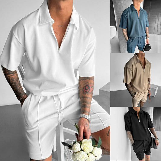 🔥 Men’s Ribbed Zip Polo Shirt & Shorts Set – Summer Casual Loungewear Co-ord (Various Colours)