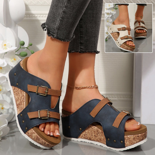 Stylish Buckled Cork Wedge Sandals – Navy and Tan Platform Comfort Sliders with Adjustable Straps