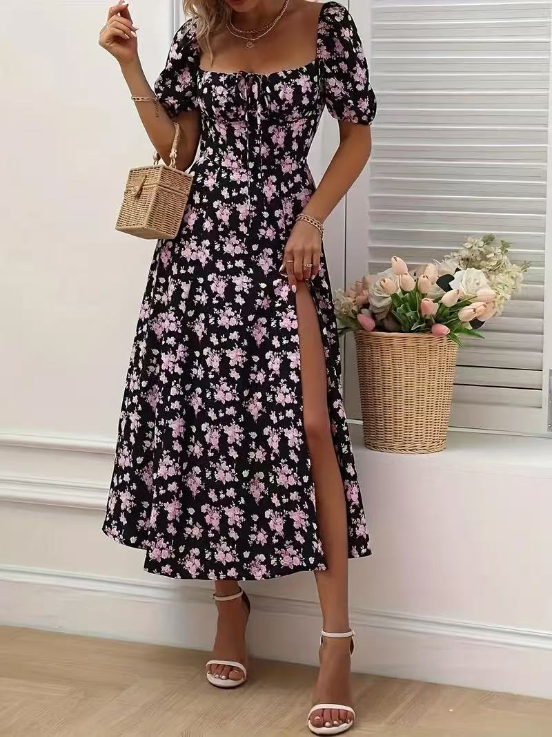 🌼 Floral Puff Sleeve Split Maxi Dress – Romantic Boho Vibes in Various Colours