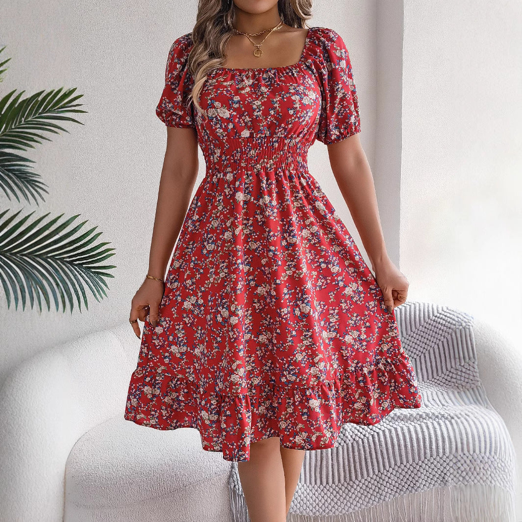 Women’s Floral Puff Sleeve Dress – Elegant Square Neck Summer Dress with Smocked Waist (Various Colours)
