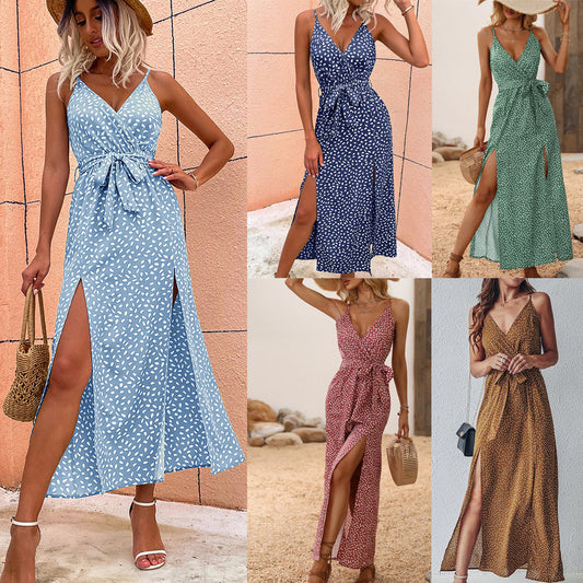 Boho Split Maxi Dress with Waist Tie – Various Colours | Sleeveless V-Neck Summer Holiday Dress