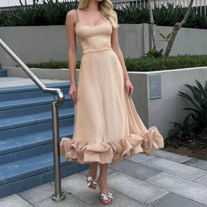Elegant Ruffle Hem Midi Dress with Spaghetti Straps – Various Colours