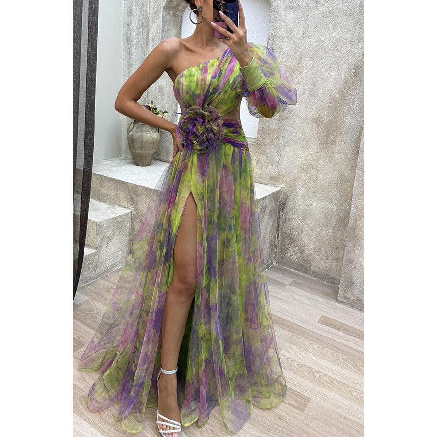 Luxury One-Shoulder Sheer Tulle Gown – Feather Waist Detail – Elegant High Slit Maxi Dress – Festival, Prom, Gala – Various Colours