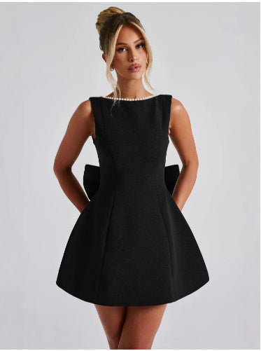 Luxury Bow-Back Mini Dress with Pearl Detailing – Available in Various Colours
