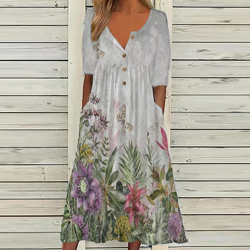Casual Button-Front Floral Midi Dress – Relaxed Fit with Pockets in Various Designs
