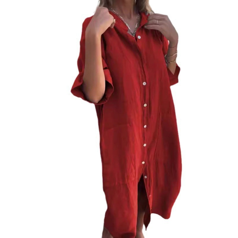 Loose Casual Half Sleeve Cotton Linen Shirt Dress Women