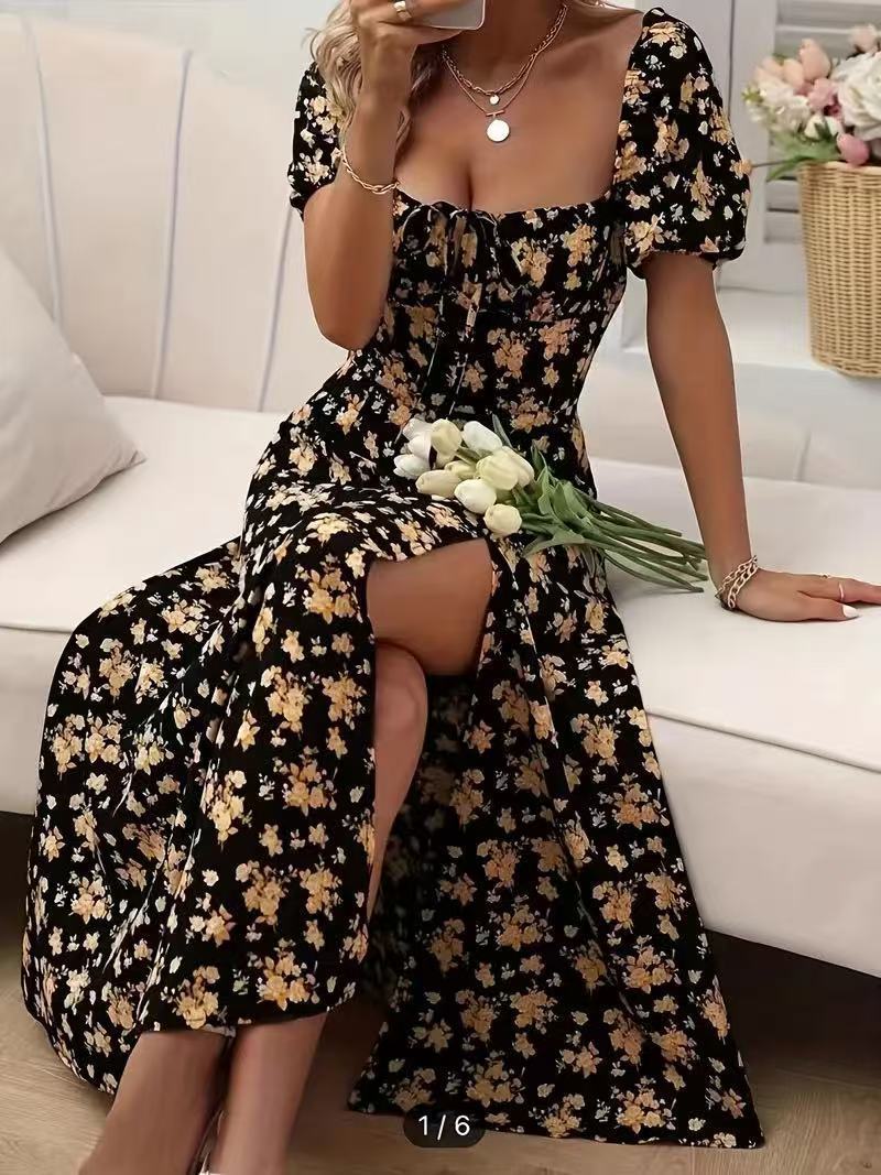 🌼 Floral Puff Sleeve Split Maxi Dress – Romantic Boho Vibes in Various Colours