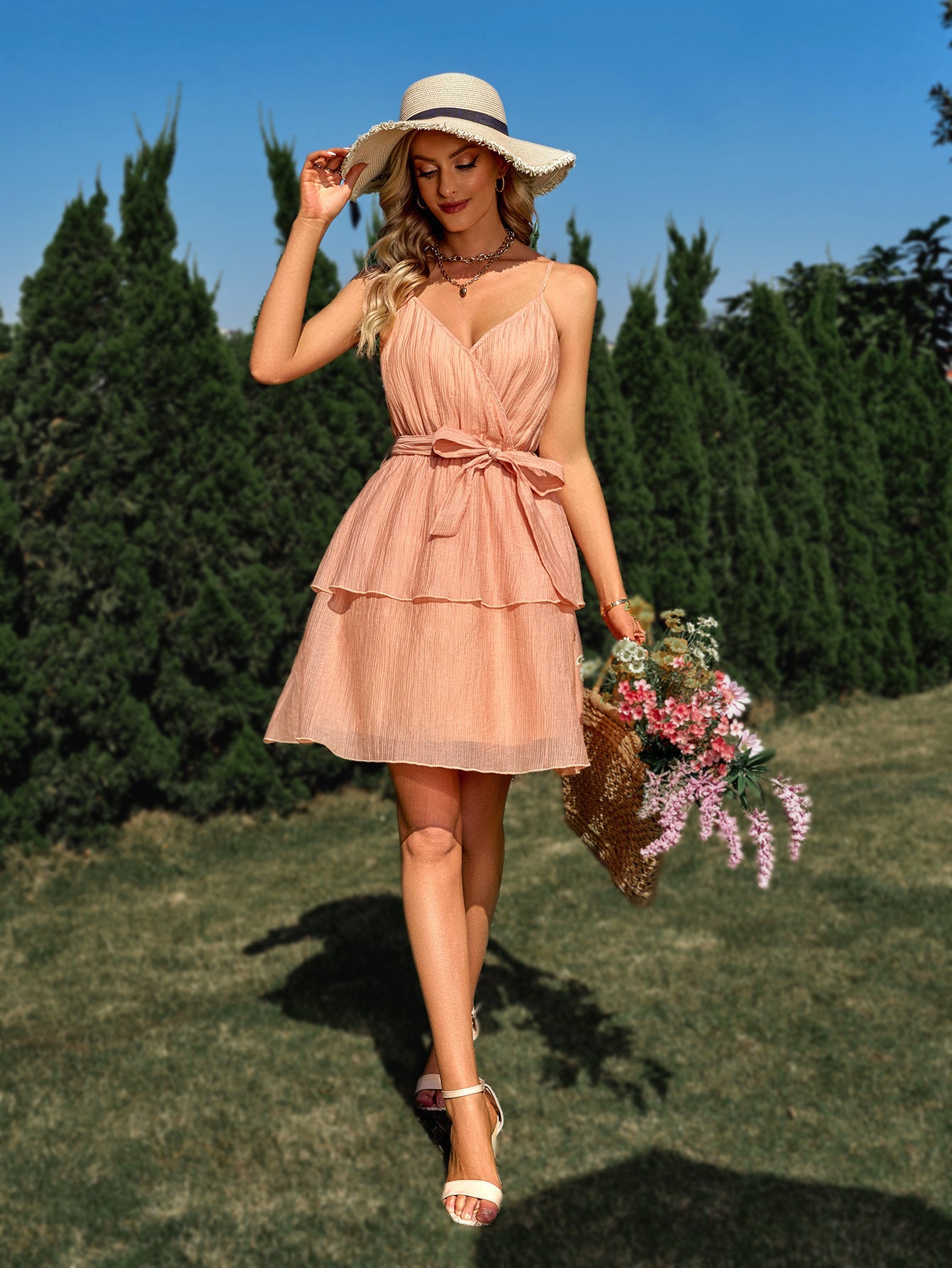 Layered Tie-Waist Mini Dress – Various Colours | Lightweight Summer Sleeveless V-Neck Dress