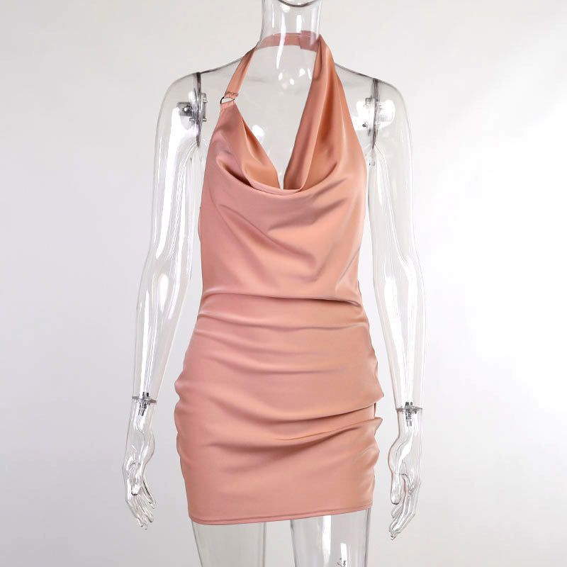 Satin Halter Neck Backless Mini Dress – Elegant Cowl Neck Party Dress | TrendPrints