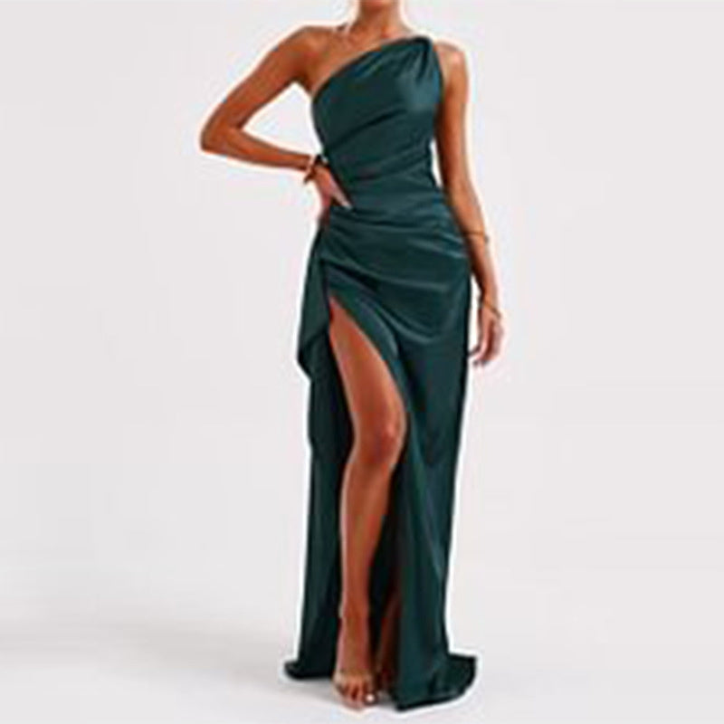 Women’s One Shoulder Satin Evening Dress – Elegant High Slit Maxi Dress – Party, Cocktail, Formal & Wedding Guest Gown – Various Colours