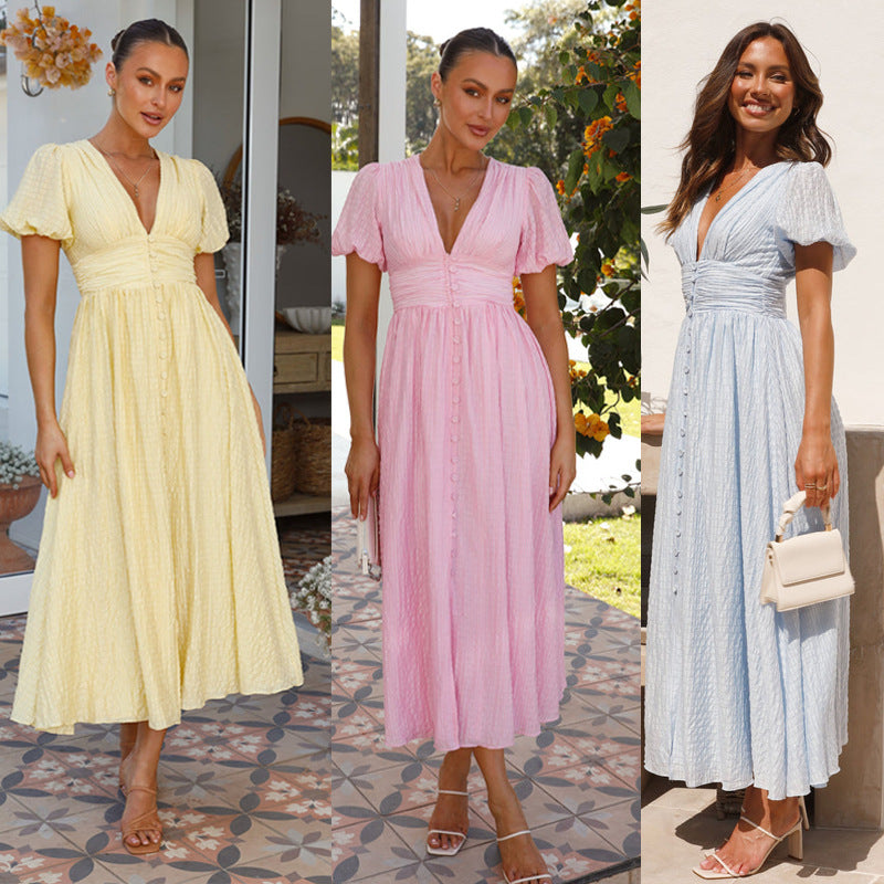 Romantic Puff Sleeve Button-Front Midi Dress – Light & Airy – Various Colours